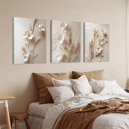 GELDSTEI Neutral Beige Floral Canvas Wall Art, Modern Minimalist Texture Botanical Wall Decor, Vintage Beige Flower Poster Prints for Living Room Bedroom Farmhouse Framed Set of 3, Each 16x24 Inch