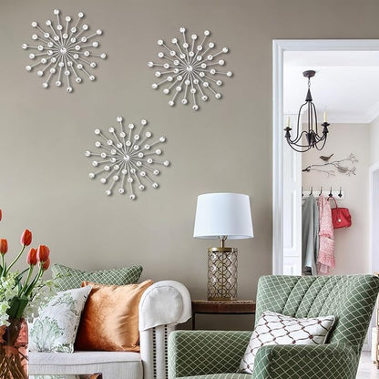 DXYAKY Set of 3 Modern Starburst Wall Decor, Metal Wall Sculpture with Crystal Accents, Silver 3D Wall Art for Living Room, Bedroom & Home, Elegant Hanging Wall Decoration