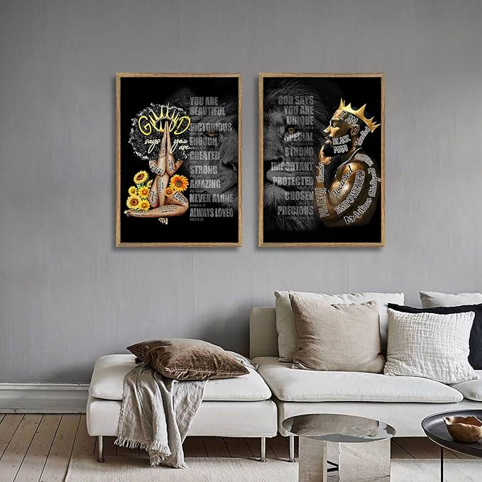 2Pcs Male King And Queen Wall Art Inspiration Canvas Wood Framed Printing African American Poster Picture Inspiration Wall Decoration Black Print Art Religious Quotations Gallery Living Room Bedroom Office
