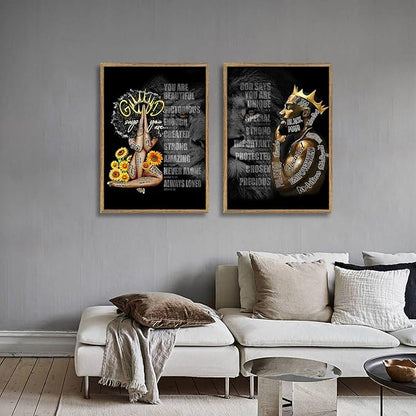 2Pcs Male King And Queen Wall Art Inspiration Canvas Wood Framed Printing African American Poster Picture Inspiration Wall Decoration Black Print Art Religious Quotations Gallery Living Room Bedroom Office