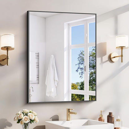 YIROMAN Bathroom Mirror 24"x32", Black Bathroom Mirrors for Over Sink with Aluminum Frame, Rectangular Vanity Mirror with Right Angle, Wall Mirror for Oversink, Vanity, Bedroom, Living Room