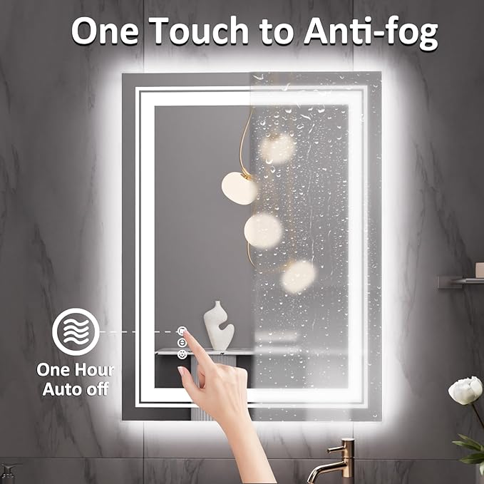 Snowdool 28" x 20" LED Bathroom Mirror with Lights, Front and Backlit Mirror, Anti-Fog Lighted Vanity Mirror, Stepless Dimmable, 3 Colors LED Mirror (Horizontal/Vertical)
