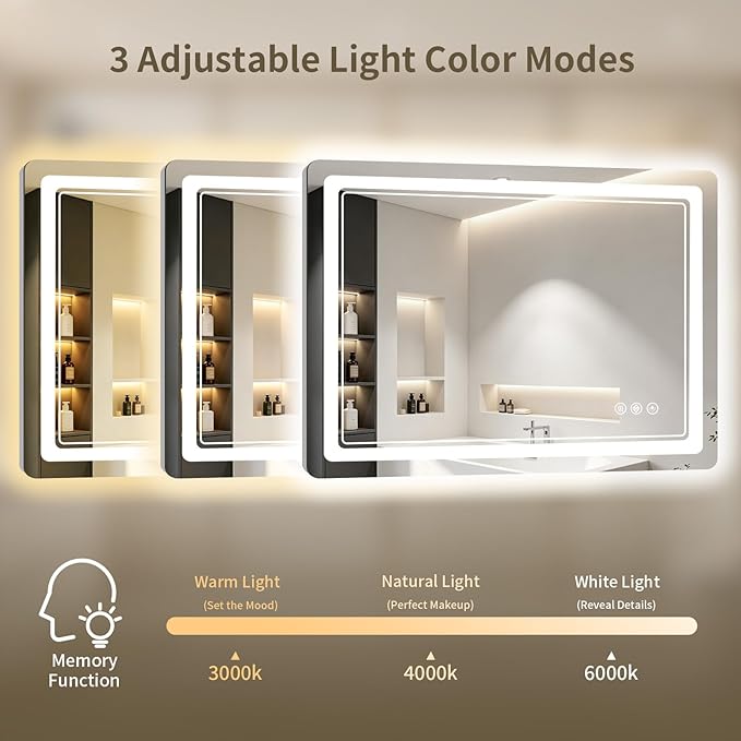 28"x36" LED Bathroom Mirror with Lights, Backlit + Front Lit, Anti-Fog, Lighted Bathroom Mirror for Wall, HD Shatterproof Tempered Glass, Dimmable, Memory Function (Horizontal/Vertical)