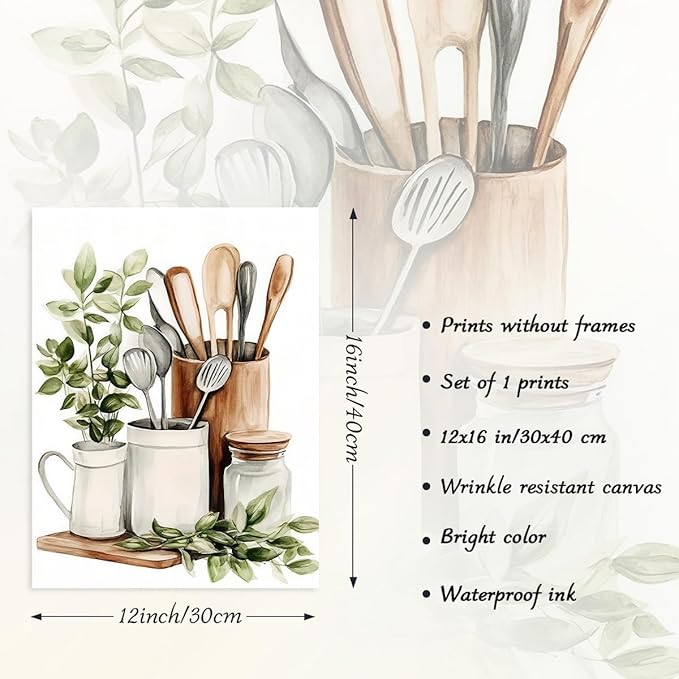 Dazzlewall Watercolor Botanical Kitchen Wall Art Decor,Sage Green Eucalyptus Leaves Kitchenware Wall Poster for Kitchen Dining Room Canteen Decor 12x16 in Unframed