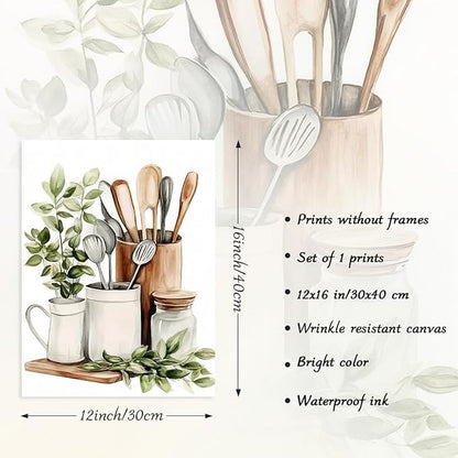 Dazzlewall Watercolor Botanical Kitchen Wall Art Decor,Sage Green Eucalyptus Leaves Kitchenware Wall Poster for Kitchen Dining Room Canteen Decor 12x16 in Unframed