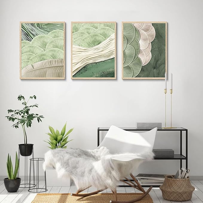 3Pcs Abstract Green Wall Art Mid Century Texture Wall Decor Posters Pictures Modern Minimalist Sage Green Ginkgo Leaf Canvas Paintings Prints for Bedroom Living Room Decoration Unframed