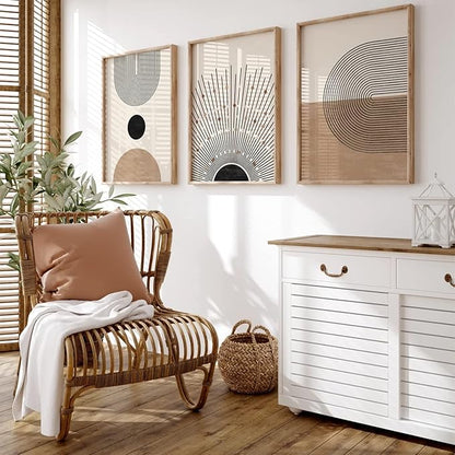 Mid Century Modern Wall Art Set of 3 Neutral Boho Art Prints Abstract Geometric Wall Art Picture Black Beige Minimalist Painting Canvas Artwork for Living Room Bedroom 24x36 Inch UNFRAMED