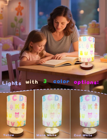 Kids Lamps for Bedrooms Girls, Cartoon Alphabet Table Lamp 3 Color Changing LED Night Light with 9 Brightness Levels Wood Nightstand Desk Base Flaxen Fabric Shade for Bedroom Living Room