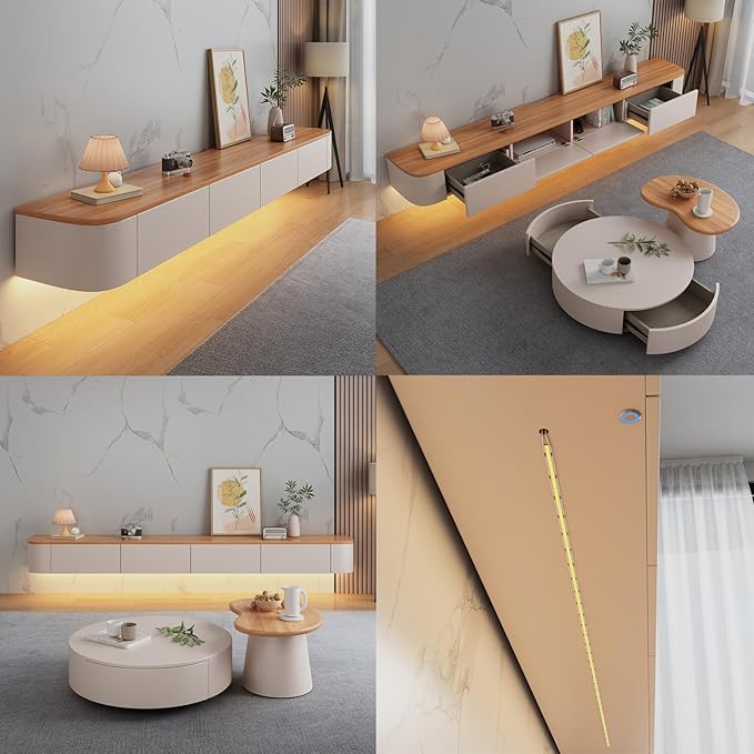 Floating TV Stand Large Floating TV Shelves Wall Mounted Multi Storage Compartment TV Media Console Floating TV Cabinet Bench Under TV Large Storage (White-brown With Led, 102.4 * 7.9 * 9.4 IN)
