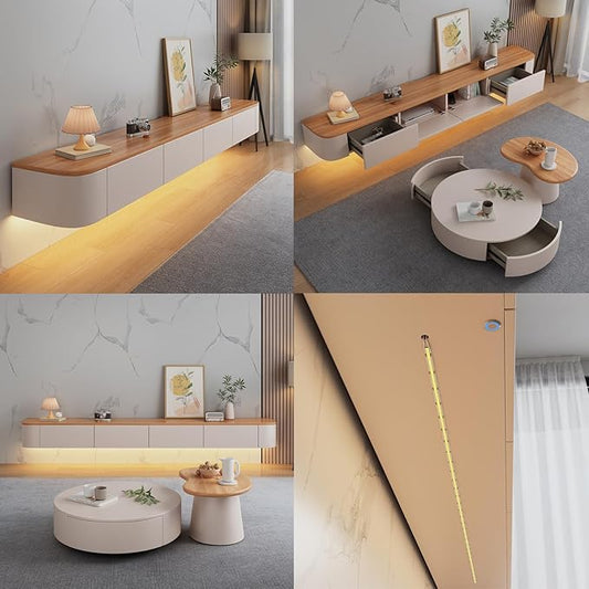 Floating TV Stand Large Floating TV Shelves Wall Mounted Multi Storage Compartment TV Media Console Floating TV Cabinet Bench Under TV Large Storage (White-brown With Led, 94.5 * 7.9 * 9.4 IN)