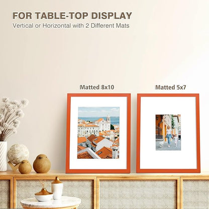 KINLINK 11x14 Picture Frame Orange, Solid Wood Frames with Acrylic Plexiglass for Pictures 5x7/8x10 with Mat or 11x14 without Mat, Tabletop and Wall Mounting Display, Set of 4
