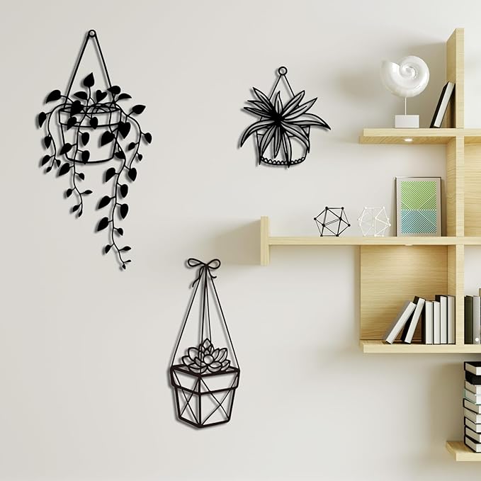 Vineland Metal Wall Art for Bathroom, Set of 3 Botanical Plant Designs, Minimalist Modern Boho Hanging for Home Outdoor Decor (Black)