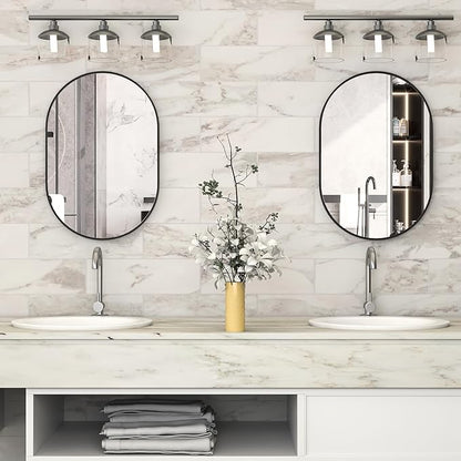 2 Piece Oval Bathroom Mirror Capsule Wall Vanity Mirror, 20"x30" Pill Mirrors Wall Mounted Mirror, Large Modern Mirror with Black Metal Frame, Decor for Entryway, Bedroom, Living Room