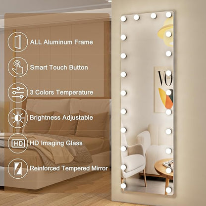 Kosmonia 64x22 Hollywood Full Length Mirror with Light, 22 Dimmable Bulbs & 3 Color Smart Touch Control, Distortion Free, Tempered Glass, Safe Full Body Mirrors with Stand