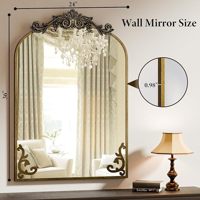 Koonmi Vintage Mirror, 24x36 Antique Barolon Mirror for Wall, Bronze Frame with Ornate Patterns, Flower Head, Shatter-Proof Tempered Glass Arched Decorative Mirrors for Bathroom
