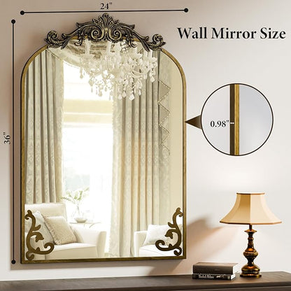 Koonmi Vintage Mirror, 24x36 Antique Barolon Mirror for Wall, Bronze Frame with Ornate Patterns, Flower Head, Shatter-Proof Tempered Glass Arched Decorative Mirrors for Bathroom