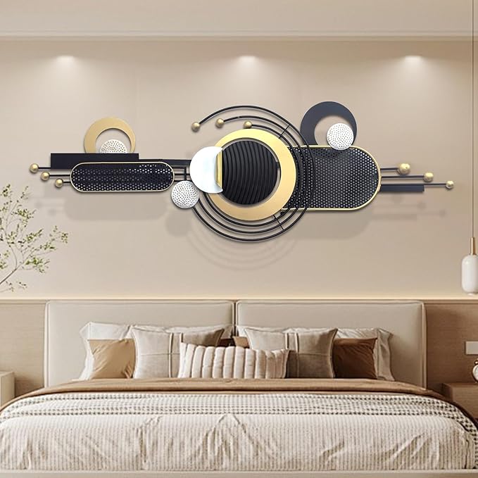 Wall Art ,Modern Creative Geometric Circular Metal Wall Sculptures, 58"×18" Large Black 3D Metal Wall Art Hanging Sculptures for Living Room Dining Room Bedroom, Home Decor for Apartment Bedroom