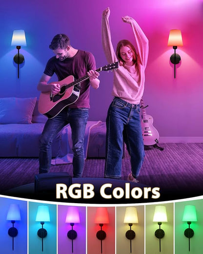 Adetu Battery Operated Wall Sconce Set of 2, Gold Wireless Battery Wall Lights with 10000mAh RGB Dimmable Magnetic Bulbs and Remote Control, Rechargeable Wall Sconce for Bedroom Living Room Hallway