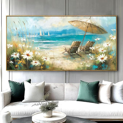 Beach Landscape Wall Art - Framed Modern Canvas Painting for Living Room, Bedroom Home Office Decor, 60x30 Inch Ready to Hang