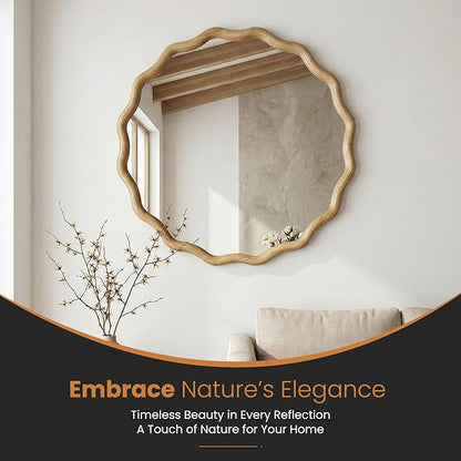 TRAHOME Round Wood Mirrors for Wall, 24" Boho Cirecle Wavy Mirror with Wooden Frame, Decorative Mirror with Tempered Glass, Natural Wooden Frame Vanity Mirror for Bedroom, Living Room, Entryway