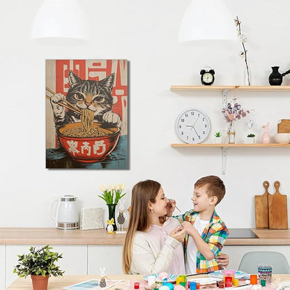 Framed Funny Black Cat Canvas Wall Art Set of 2, Vintage Japanese Cat Eating Ramen Poster, Unique Gifts and Animal Lover Printing Picture for Living Room Kitchen Dining Room Wall Decor 12x16in
