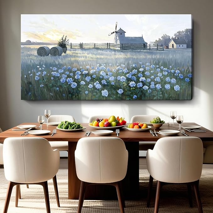 amatop Oversize Pastoral-Style Living Room Wall Art, Blue Farm Windmill Canvas Print Picture, Natural Plant And Flower Field Artwork For Bedrooms, Studies, Offices, And Dining Rooms. 58X29 Inches.