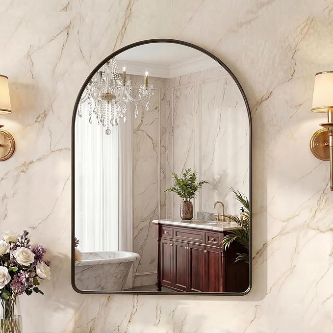 OLIXIS Arched Bathroom Mirror for Over Sink, 30x20 Inch Wall Mirror Arched Rounded Rectangle, Modern Wall Mount Vanity Mirror with Matte Metal Deep Framed, for Home Decor, Living Room, Black