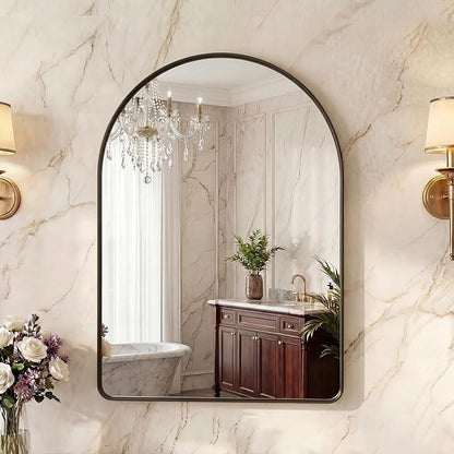 OLIXIS Arched Bathroom Mirror for Over Sink, 30x20 Inch Wall Mirror Arched Rounded Rectangle, Modern Wall Mount Vanity Mirror with Matte Metal Deep Framed, for Home Decor, Living Room, Black