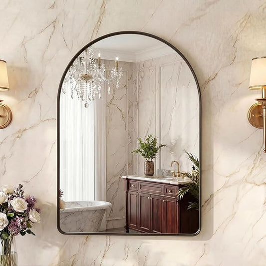 OLIXIS Arched Bathroom Mirror for Over Sink, 30x20 Inch Wall Mirror Arched Rounded Rectangle, Modern Wall Mount Vanity Mirror with Matte Metal Deep Framed, for Home Decor, Living Room, Black