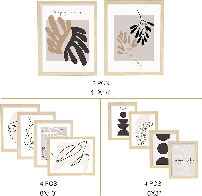 ArtbyHannah Neutral Gallery Wall Frames Set of 10 with Decorative Minimalist Art Prints and Picture Frame Set Wall Art Decor for Modern Home Decoration, Assorted Size 6x8 x4, 8x10 x4, 11x14 x2