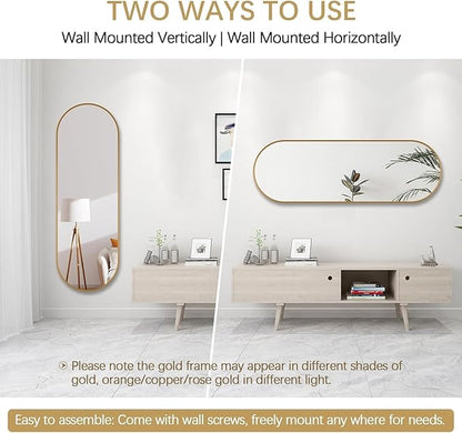 Niccy 65"×22" Oval Full Length Mirrors, Long Wall-Mounted Mirror with Aluminum Frame, Large Body Mirrors for Living Room, Explosion-Proof Hanging Wall Mirror for Bathroom Bedroom Entryway Decor, Gold