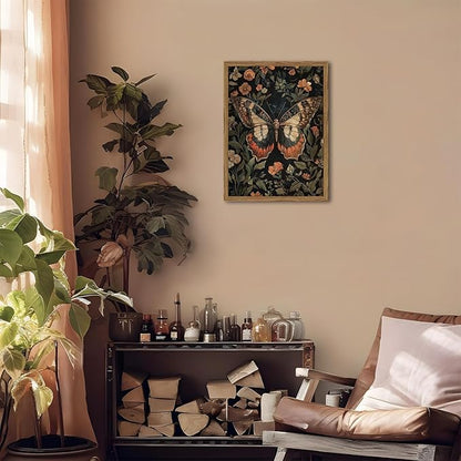 Framed Vintage Butterfly Wall Art, Dark Academia Flowers Insect Pictures Wall Decor Paintings, 3D Textured Sandstone Nature Botanical Prints for Living Room Bedroom Office Home Decor 16x24 inch