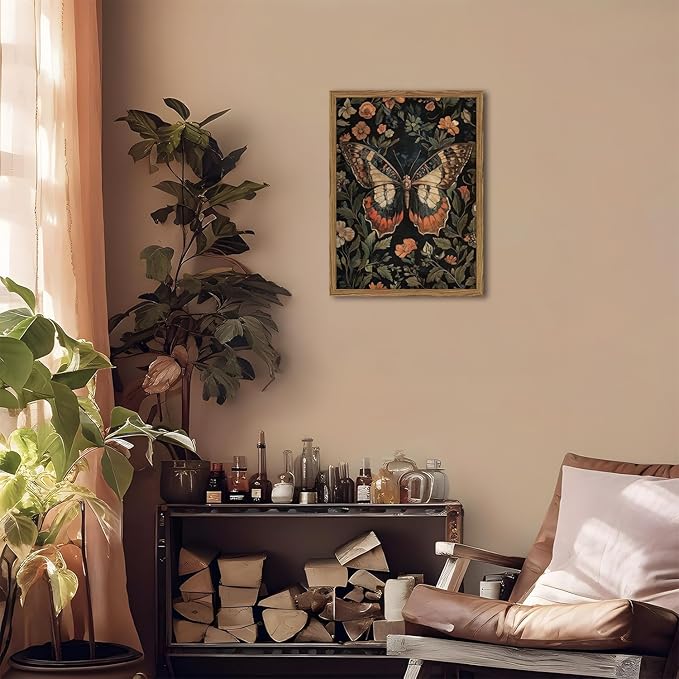 Framed Vintage Butterfly Wall Art, Dark Academia Flowers Insect Pictures Wall Decor Paintings, 3D Textured Sandstone Nature Botanical Prints for Living Room Bedroom Office Home Decor 12x16 inch
