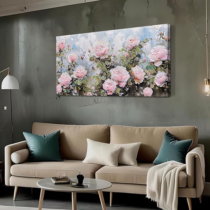 Ardemy Flower Wall Art Canvas Art Wall Decor, Floral Painting Textured Picture Living Room Pink Rose Artwork Large Framed for Bedroom Kitchen Dining Room Home Office Decor 40"x20"