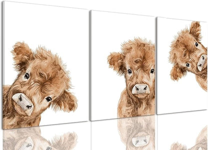 AOYUSMO 3 Piece Cute Highland Cow Canvas Wall Art Nursery Funny Animal Framed Wall Art Baby Cow Pictures Wall Decor Kids Animals Art Prints for Children's Room Bedroom 16"x24"