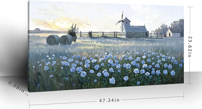 Large Framed Rustic Farmhouse Wall Art, Blue Flower Field Windmill Landscape Canvas Print, Modern Nature Country Decor Painting For Living Room Bedroom Bathroom Home Office, Ready To Hang 48X24 Inch