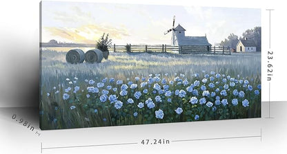 Large Framed Rustic Farmhouse Wall Art, Blue Flower Field Windmill Landscape Canvas Print, Modern Nature Country Decor Painting For Living Room Bedroom Bathroom Home Office, Ready To Hang 48X24 Inch