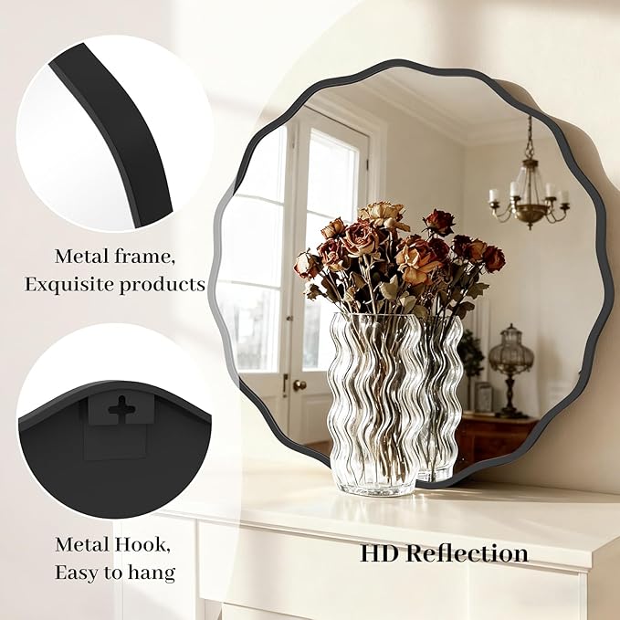 HOMECOOKIN 28" Wavy Round Wall Mirror, Black Scalloped Circle Mirror Edge Round with Metal Frame, Modern Decorative Hanging/Leaning Mirrors for Bathroom, Hotels, Hallway, Entryway, Vanity, Office