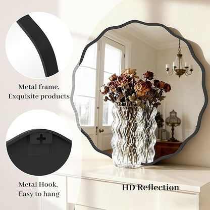 HOMECOOKIN 28" Wavy Round Wall Mirror, Black Scalloped Circle Mirror Edge Round with Metal Frame, Modern Decorative Hanging/Leaning Mirrors for Bathroom, Hotels, Hallway, Entryway, Vanity, Office