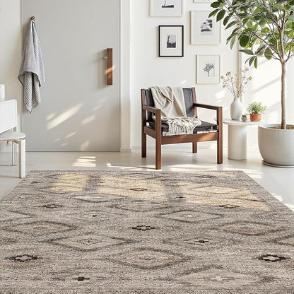 6x9 Area Rugs Light Brown Washable Rug for Living Room, Dining Room, Bedroom, Large Carpets, Non Slip & Non-Shedding Low Pile Vintage Print Rug for Home Office Decor