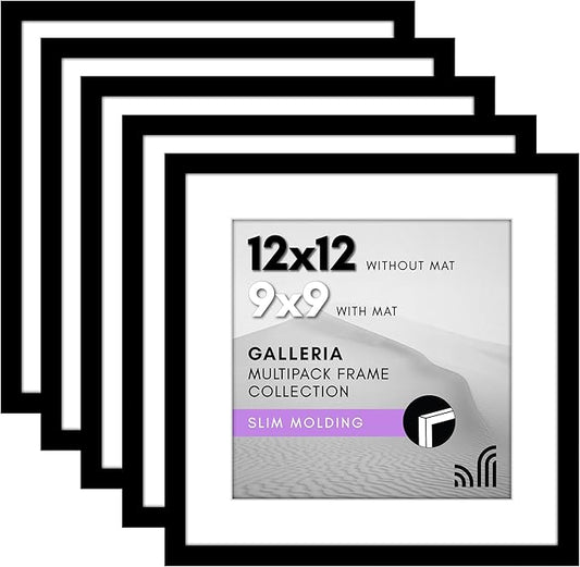 Americanflat 12x12 Picture Frame with Polished Plexiglass - Set of 5 - Use as 9x9 Frame with Mat or Display 12x12 Photo Without Mat - Galleria Collection - Square Frames for Wall Display - Black
