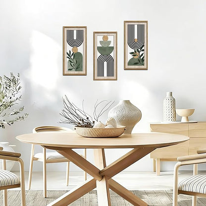 HPNIUB 3 PCS Boho Sage Green Wall Decor, Minimalist Mid Century Geometric Line Hanging Wood Sign for Living Room, 8x16Inch Modern Botanical Leaf Wooden Plaque for Apartment Bedroom Office Decoration