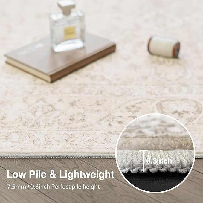 FMFUNCTEX 4x5 Washable Area Rug Beige Vintage Neutral Distressed Non Slip Low Pile Floral Retro Indoor Carpet for Entryway Entrance Thin Soft Rug Living Room Bedroom Kitchen Office Desk Laundry