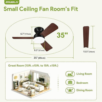 35" Black&Wood Ceiling Fans with Lights and Remote, Low Profile Ceiling Fan with Light, Reversible DC Motors, 3CCT Dimmable Timer Noiseless, Flush Mount Ceiling Fan for Bedroom/Living Room