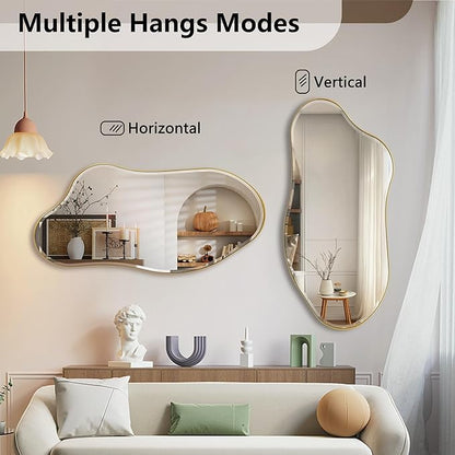 POZINO Large Irregular Beveled Mirror, 63"x31.5" Premium Asymmetrical Full Length Mirror with Gold Metal Frame, Organic Wall Mirrors for Living Room Bedroom Hallway Entryway, Horizontal/Vertical