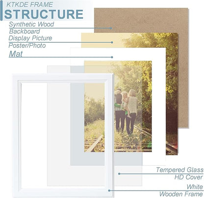 KTKDE 16x24 Picture Frame,Poster Frame Display Pictures 12 x 18 with Mat or 16x24 Without, Tempered Glass, 24 by 16 White Wooden Frame Wall Gallery Photo Frame best gift