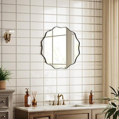 Round Wavy Mirror 20 Inch Bathroom Vanity Mirror Metal Frame Circle Wall Mounted Mirror for Bedroom Living Room Entryway Black