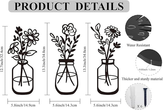 ELQQATY Metal Flower Wall Decor 3 Pieces Black Metal Wall Art Minimalist Art Wall Sculptures for Indoor Bedroom Living Room Bathroom Kitchen. (black2)