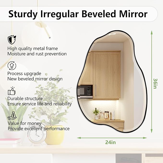 POZINO Irregular Beveled Mirror, 36"x24" Cloud Shaped Bathroom Mirrors with Metal Frame, Asymmetrical Wall Mirror for Vanity Living Room Bedroom Hallway Entryway, Horizontal or Vertical Hanging