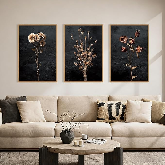 Aryroi Large Moody Dark Floral Framed Canvas Wall Art Set,Vintage Mid Century Dried Flower Wall Decor,Modern Boho Wildflower Botanical Artwork for Living Room,Bedroom,Farmhouse- 24"x36"x3